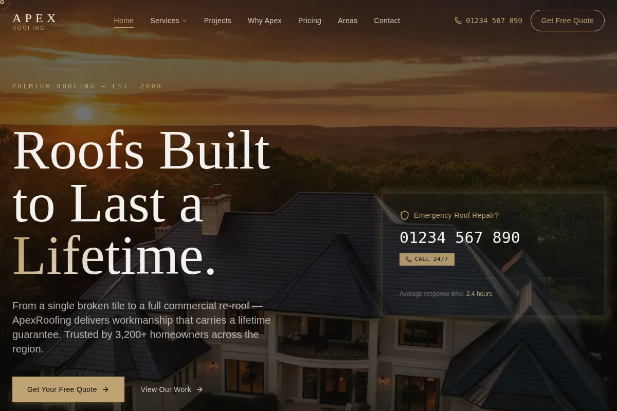 Apex Roofing, home page on desktop