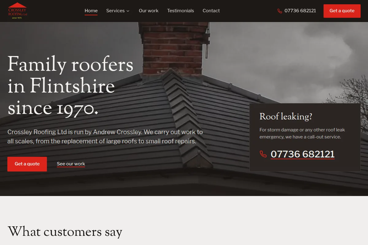 Crossley Roofing, home page on desktop