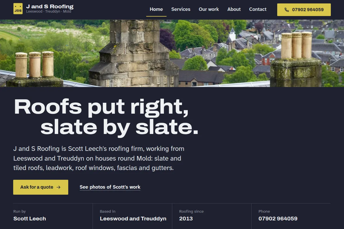 J and S Roofing, home page on desktop