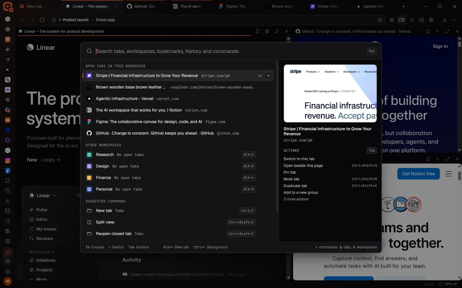 The command bar searching open tabs, workspaces and commands, over pages split side by side