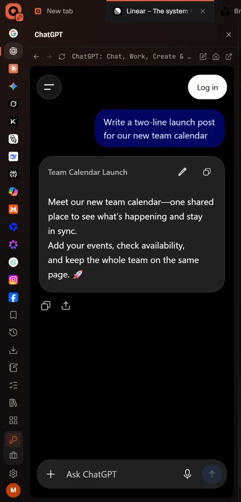 The Quooro Workspace sidebar: a column of site icons down the left, with ChatGPT open beside it