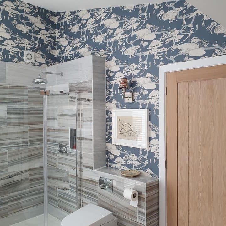 The navy bird-print bathroom from the other side, beside a walk-in shower and an oak door