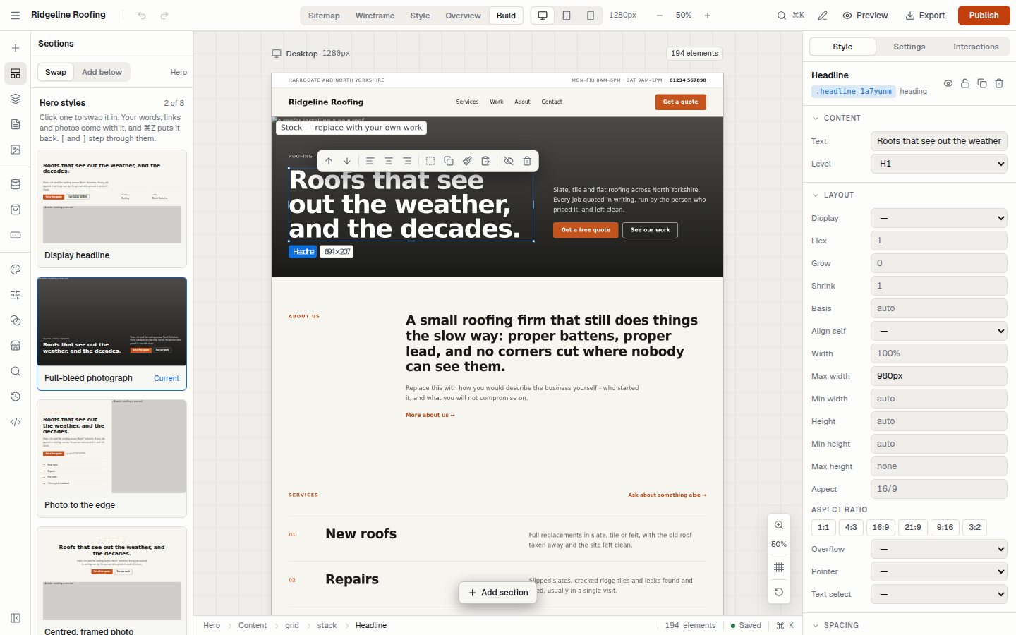 The Workshop editor, with a website’s home page open on the canvas and the editing panels either side of it